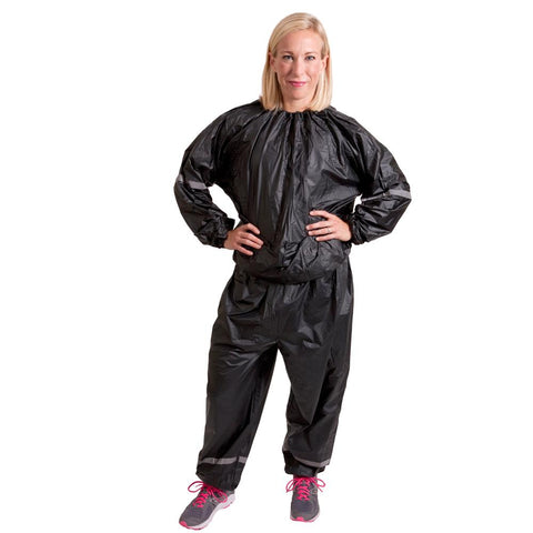 Image of GoFit Vinyl Sweat Suit With Reflective Stripes (2PC) Black increase perspiration, keep muscles warm and relaxed, boost metabolism, and burn more calories to meet a desired weight quickly. - Decor Dynamics