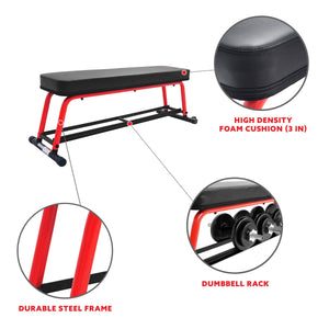Sunny Health & Fitness Power Zone Strength Flat Bench with Dumbbell Rack & Floor Stabilizers for a Complete Strength Training Home or Gym Exercise - Decor Dynamics