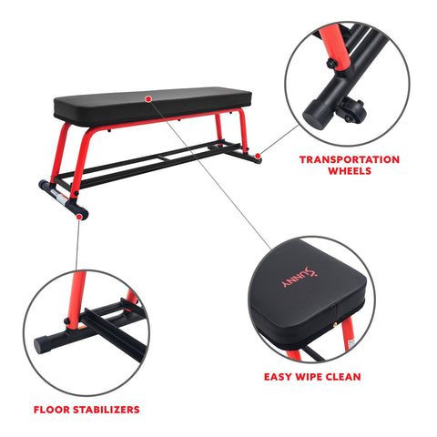 Image of Sunny Health & Fitness Power Zone Strength Flat Bench with Dumbbell Rack & Floor Stabilizers for a Complete Strength Training Home or Gym Exercise - Decor Dynamics